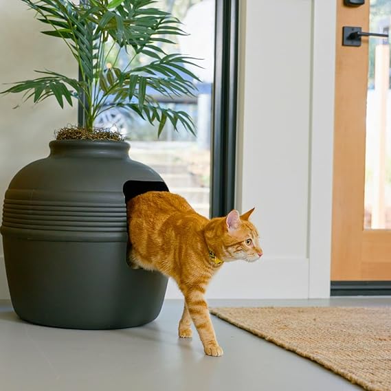 cat litter pot plant Good Pet Stuff Hidden Cat Litter Box Enclosure with Artificial Plant, Decorative Round Planter, Vented Carbon Charcoal Filter for Odor Control,