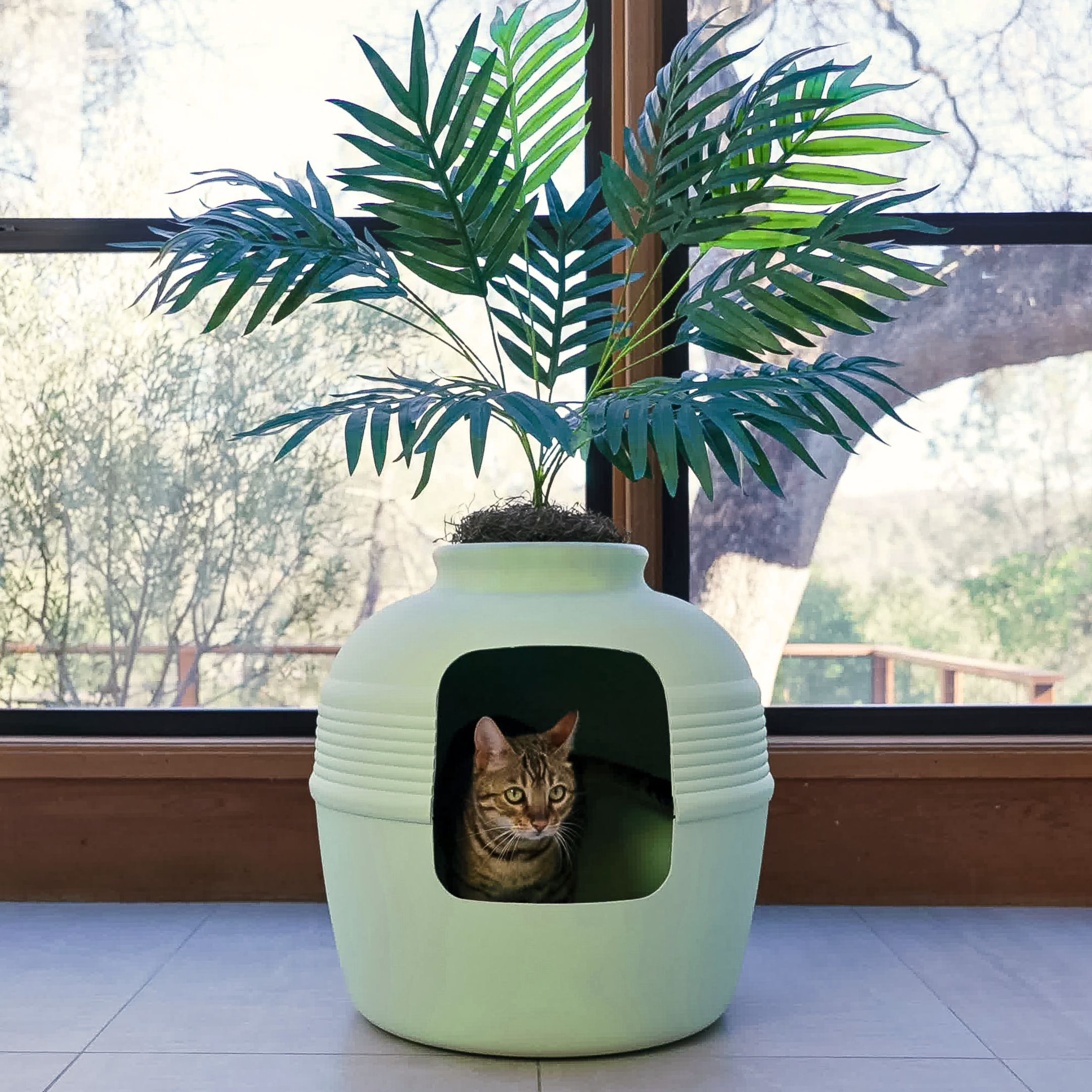 litter boxes that look like planters Good Pet Stuff, The Original Hidden Litter Box Base Kit, Round Enclosed Cat Litter Box Planter with Artificial Plants, Vented Carbon Odor Filter